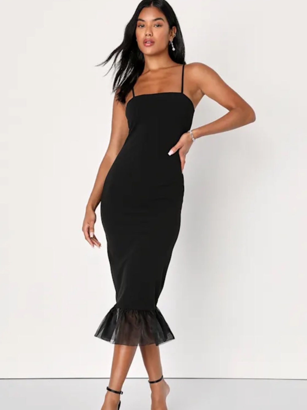 Lulu's Black Spaghetti-Strap Midi Dress with Mesh Flounce